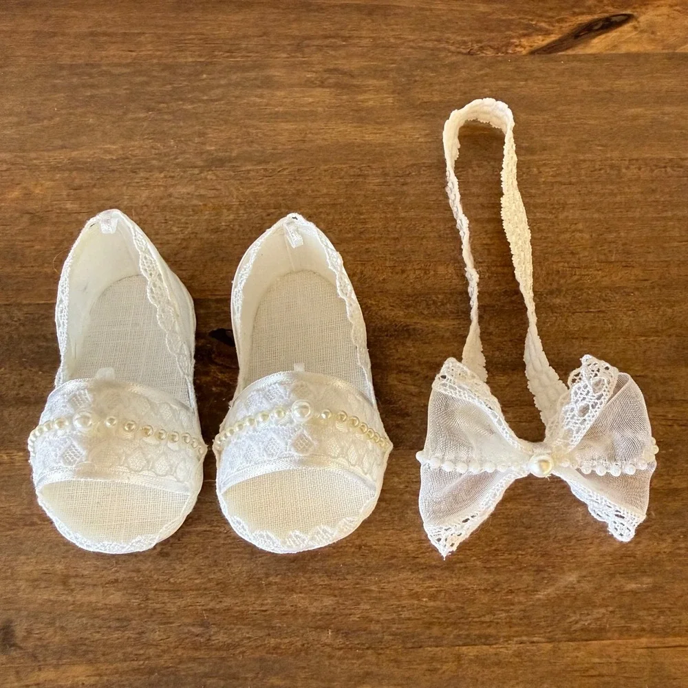Baby Christening Baptism Shoes Headband Set White Lace Pearl Newborn Doll
